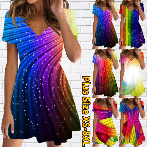 New Summer Slim Skirt Womens V-neck D Print Short Sleeve