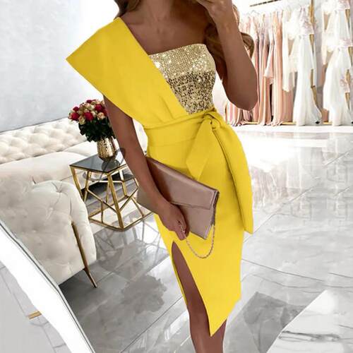 Women One Shoulder Slit Bodycon Dress Summer Elegnat Sashe