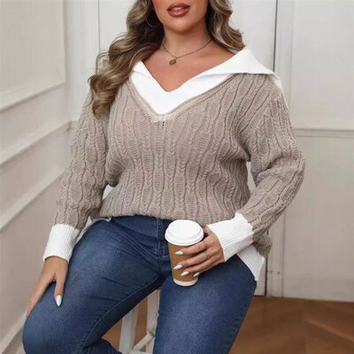 Plus Size Womens Autumn/Winter Color Blocking Splicing Lape