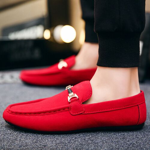 Mens Casual Shoes Red Loafers Cleat Shoes Metal Trim Adulto