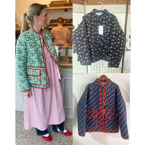 Womens 2025 Stand llar Printed Quilted tton Loose Spliced