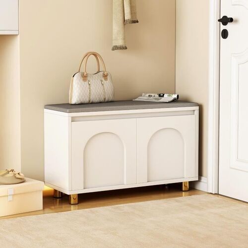 Cream style shoe changing stool with a seated shoe cabinet
