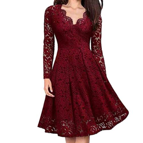 Retro Women Dresses Lace Floral V Neck Long Sleeve Tight