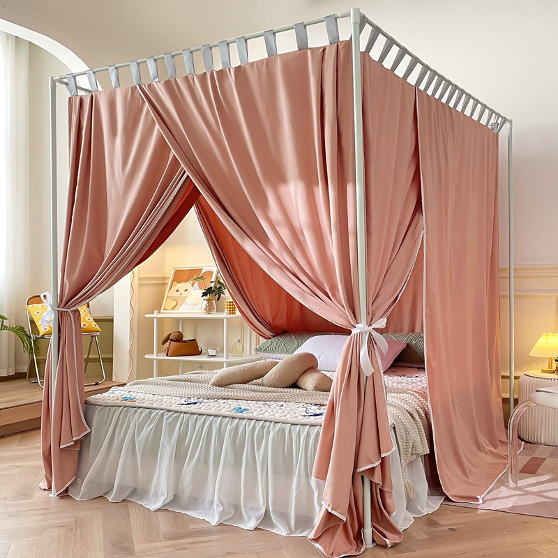 家用遮光布蚊帐床帘卧室一体式全包床幔宫廷支架落地三开门冬季