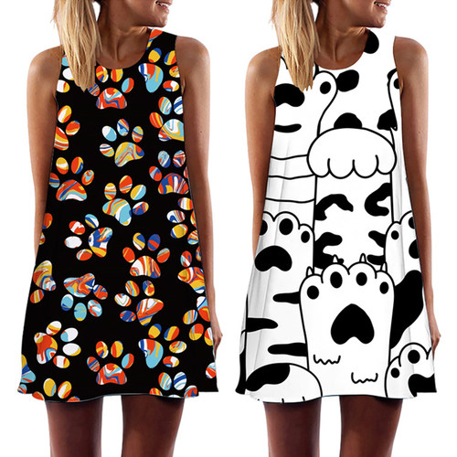 Summer Women Cute Cat Footprint Mini Dress Casual O-Neck