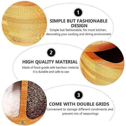 AS63-Bamboo Salt And Pepper Box, Salt Cellar With 2 Storage