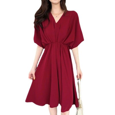 Red Dress Womens French-style Tight Waist Slimming Elegant