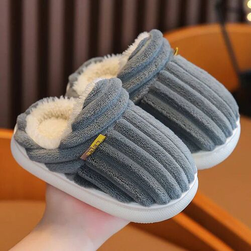 2024 Winter Concise Stripe Plush Slippers Childrens Non-sli