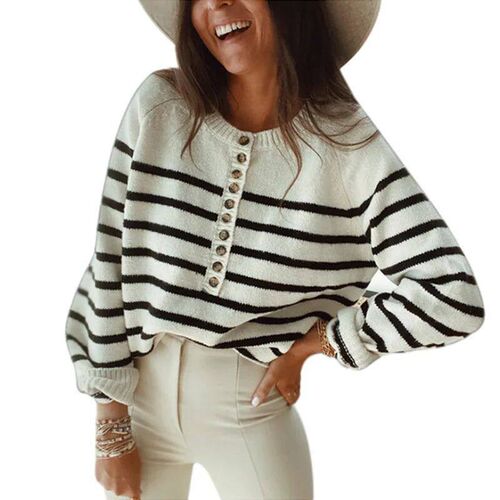 Autumn and Winter New Stripe Pullover Top Fashion Button Ope