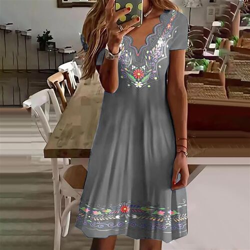 New Elegant Summer Womens Floral Theme Printed Wave V-neck