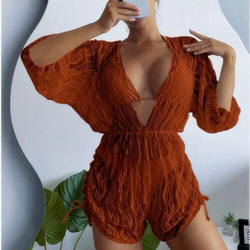 Long sleeved mesh body tied one-piece swimsuit, high
