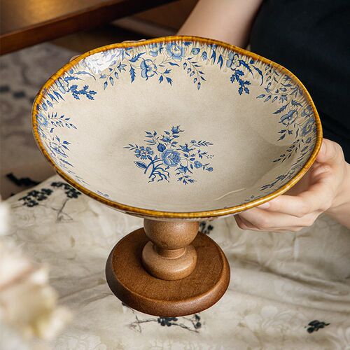 Middle Ancient Goblet Plate Retro Wood Ceramic Fruit Plate B