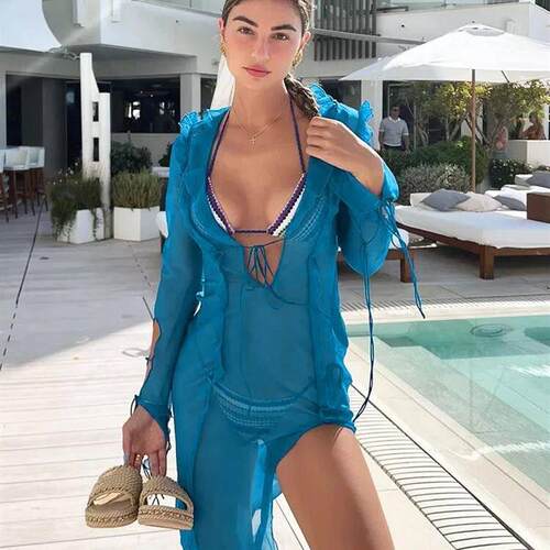 Summer Beach Dress Women Elegant Bandage Ruffles Slim Maxi D