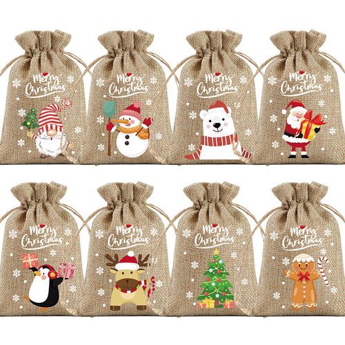 24pcs Christmas Linen Gifts Bags Candy Cookie Drawstring Pou