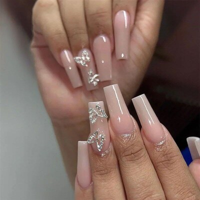 24Pcs Simple Blue French Fake Nails with Diamond Love Patter