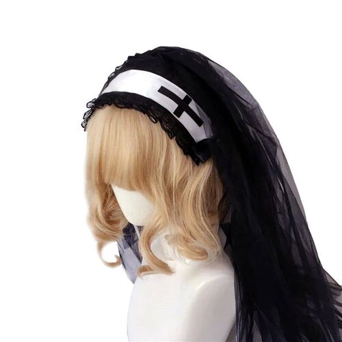 Women Girl Black Veil Headpiece Nun Cosplay Costume