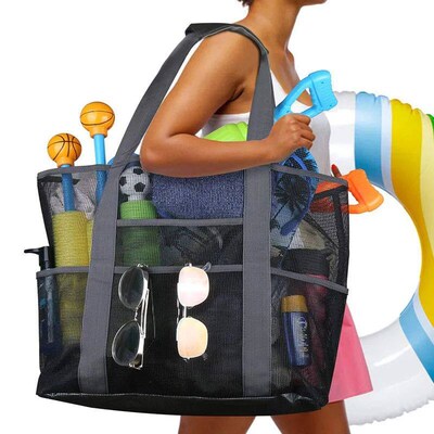 8 Pockets Summer Large Beach Bag For Towels Mesh Durable Bea