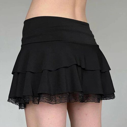 Dark Academia Lace A-line Mini Skirt Black Low Waisted Bow S