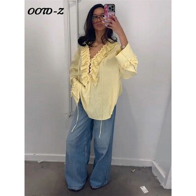 Boho Womens Yellow Ruffles Blouses Chiffon Sheer V-neck Ban