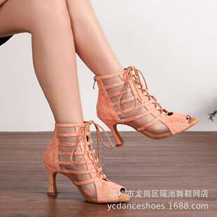 新款 成人恰恰伦巴拉丁Salsa软底Heels现代爵士舞靴 蕾丝亮片女式