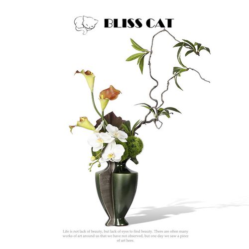 侘寂风中古绿色陶瓷花瓶插花酒店客厅玄关餐桌花艺设计感家居摆件