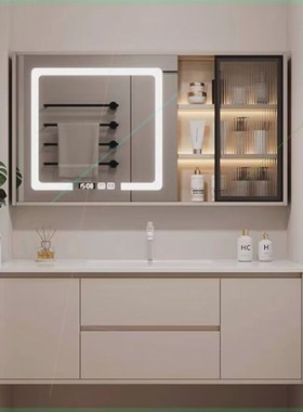 奶油风浴室柜77/87/97CM陶瓷一体洗手池洗脸盆107/117洗漱台