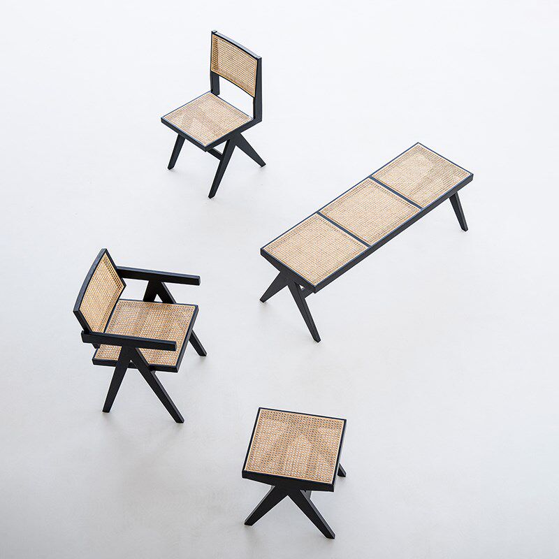 叁几  白蜡木真藤昌迪加尔椅靠背家用餐椅侘寂风凳子黑色藤编长凳