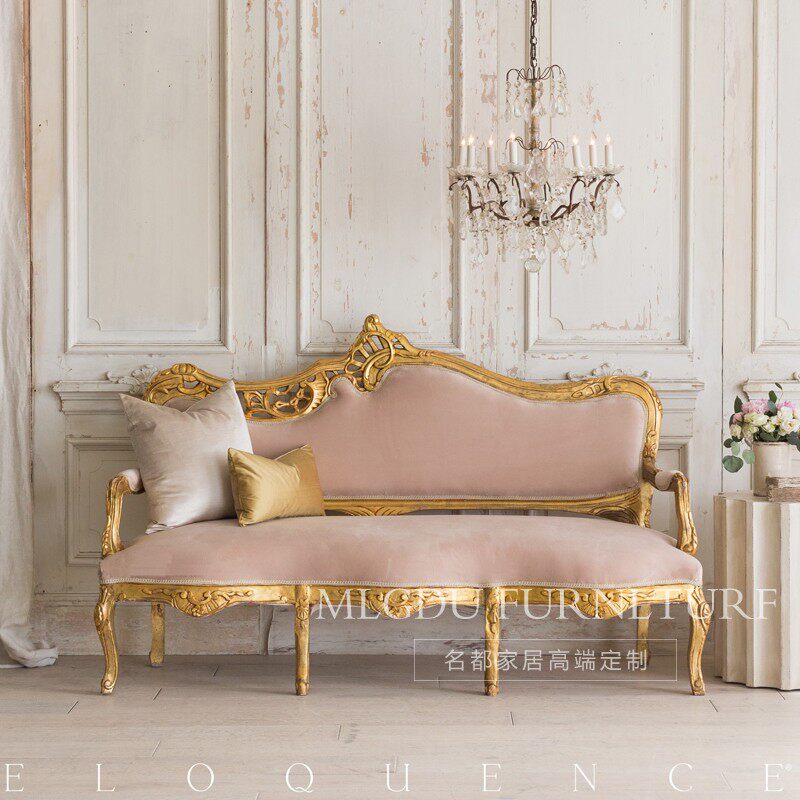 金色复古做旧实木沙发 欧式三人沙发雕花仿古布艺样板间设计家具