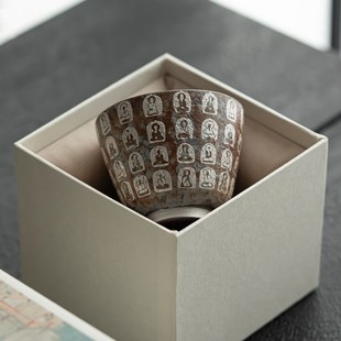 手工粗陶茶杯复古老岩泥鎏银千佛主人杯家用功夫茶具陶瓷品茗杯