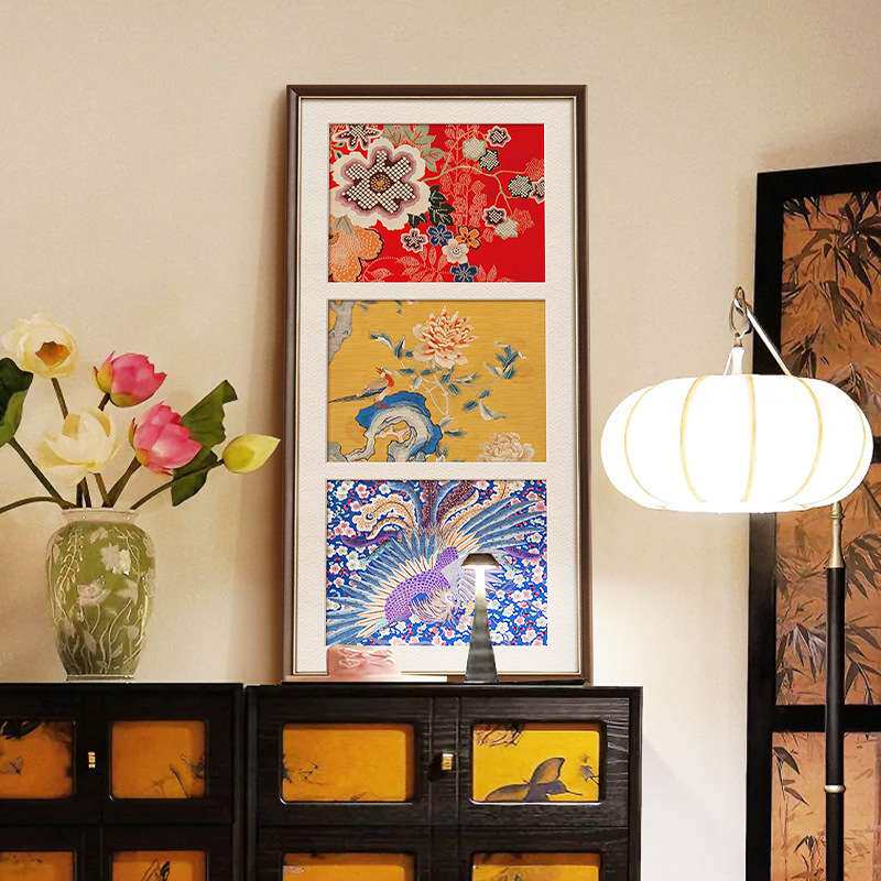 新中式客厅装饰画花鸟国风餐厅挂画实木画框复古壁画斗柜摆件新款