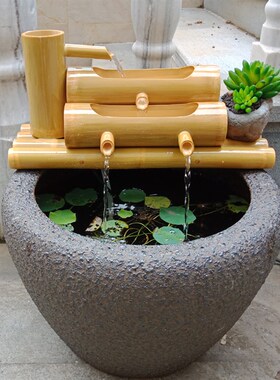 陶瓷鱼缸流水竹子循环水摆件竹筒流水器石槽养鱼办公室招财