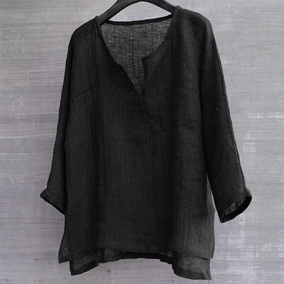Summer Men Linen Cotton Shirt Orange Black Loose Baggy Long