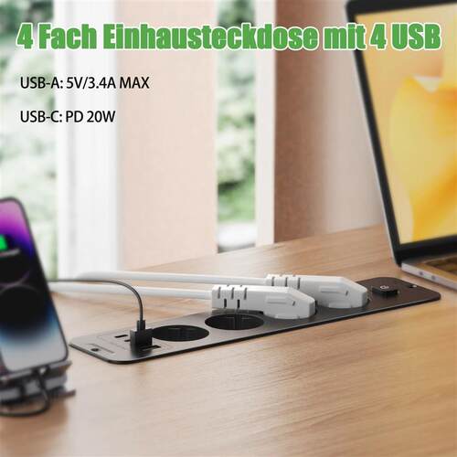 EU Desktop Bulit in Socket Power Strip with 2 USB A 2 USB C,