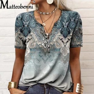 Vintage Ethnic Style Short Sleeve Tops Womens 2023 Summer F