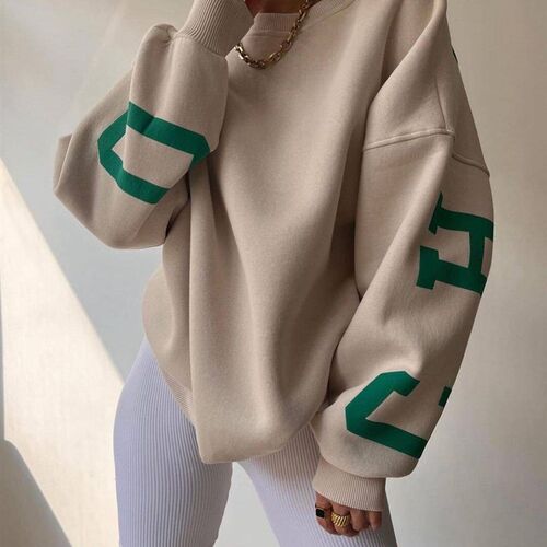 Casual Letters Print Sweatshirt Women Fashion Fleece Long Sl