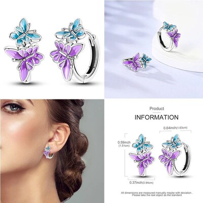 Hoop Earrings 925 Sterling Silver Starry Moon Feather Blue S