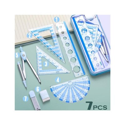 7Pcs/Set Ruler Compass with Metal box Geometry Maths Drawing