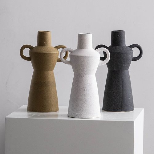 现代侘寂风哑光色磨砂粗陶带耳陶瓷花器酒店民宿客厅桌面书柜摆件