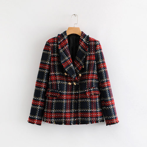 Red Plaid Blazer 2021 Women Spring-Autumn Vintage Tweed Suit