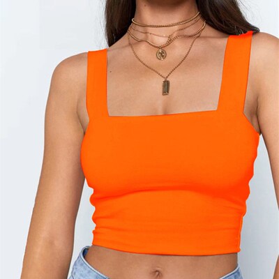 Square Neck Sleeveless Summer Crop Top White Women Black Cas