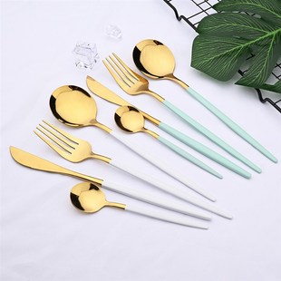 24pcs White Gold Dinnerware Set Stainless Steel Knife Fork S
