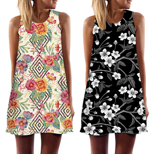 Summer New Floral Print Womens Vest Dress Casual O-Neck
