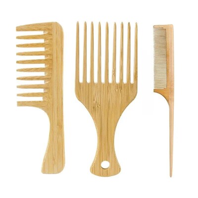 1Pc Natural Bamboo Wooden Hair Comb Anti-Static Afro Fork Co
