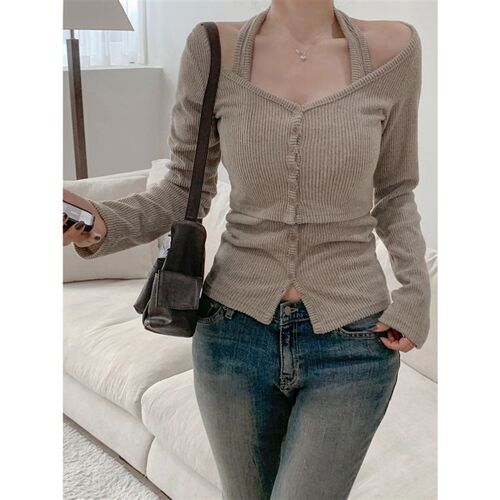 Fashion 2 Piece Set Womens Halter Top Tee Long Sleeves Kor