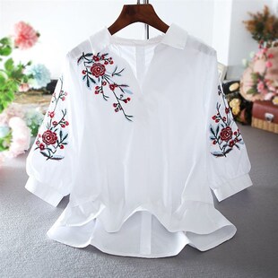 New White Women Blouse Three Quarter Sleeve Cotton Embroider