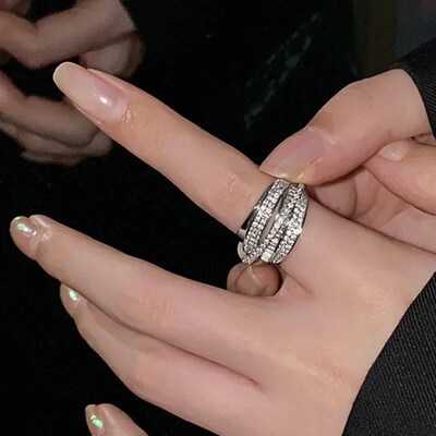 2024 Silver Color Rhinestone Ring Multi-layer Winding Rings