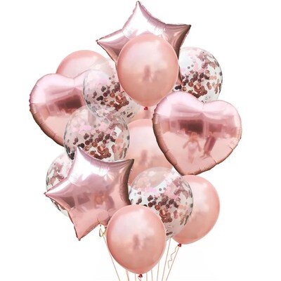 10/14pcs Mix Pink Rose Balloons Heart Star RoseGold Confetti