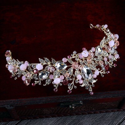 Luxury Pink Crystal Pearls Bridal Crowns Handmade Tiaras Bri