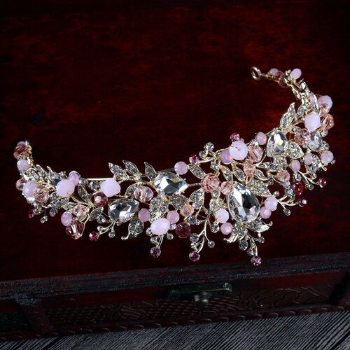 Luxury Pink Crystal Pearls Bridal Crowns Handmade Tiaras Bri