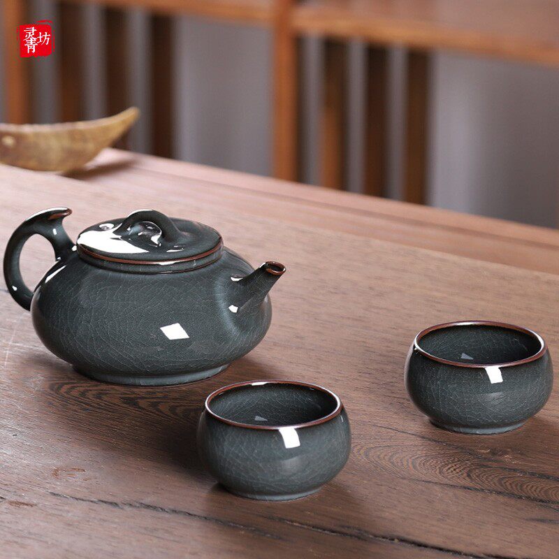 灵青坊泡茶壶青瓷茶壶单壶大号陶瓷功夫茶具家用龙泉哥窑开片铁胎